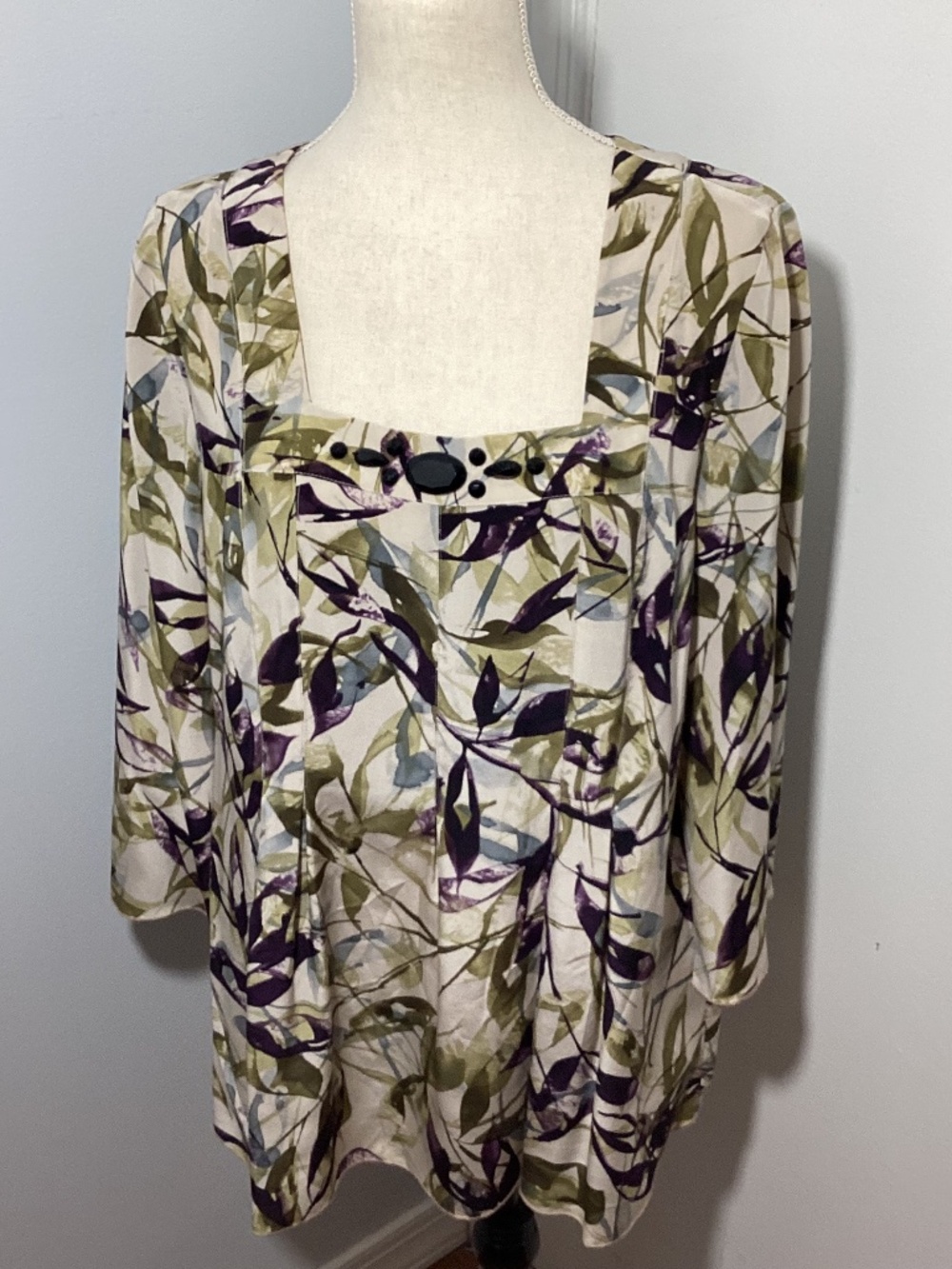 Y2K NINE WEST SIZE 14 100% SILK BLOUSE SQUARE BEADED NECKLINE 3/4 BELL SLEEVES